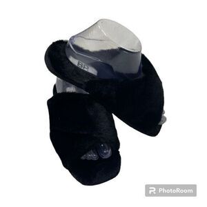 BP Womens Slide Sandals‎ Slippers Faux Fur Criss Cross Strap Flat Black Size S